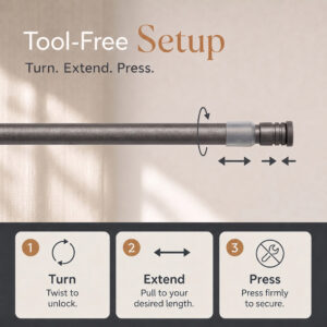 Tool-free setup of the tension rod in three steps: turn, extend, press