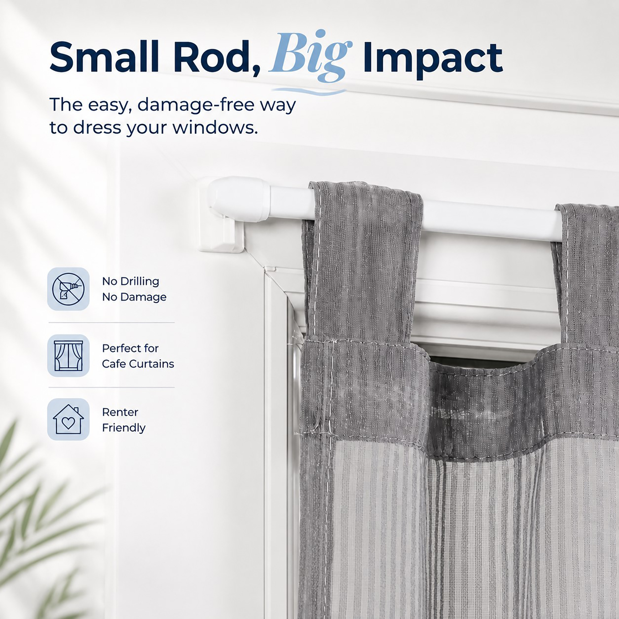 White cafe rod mounted with no drilling for a damage-free renter-friendly window