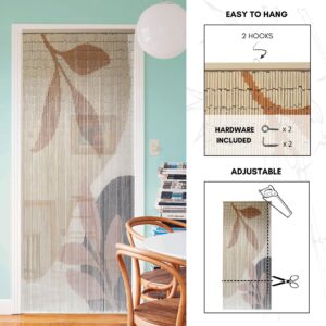 bamboo door curtain at kitchen entrance with illustrations of easy installation and adjustable features