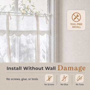 Tension rod installed without wall damage, no screws, glue, or tools, under a tie-top sheer curtain