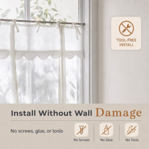 Tension rod installed without wall damage, no screws, glue, or tools, under a tie-top sheer curtain