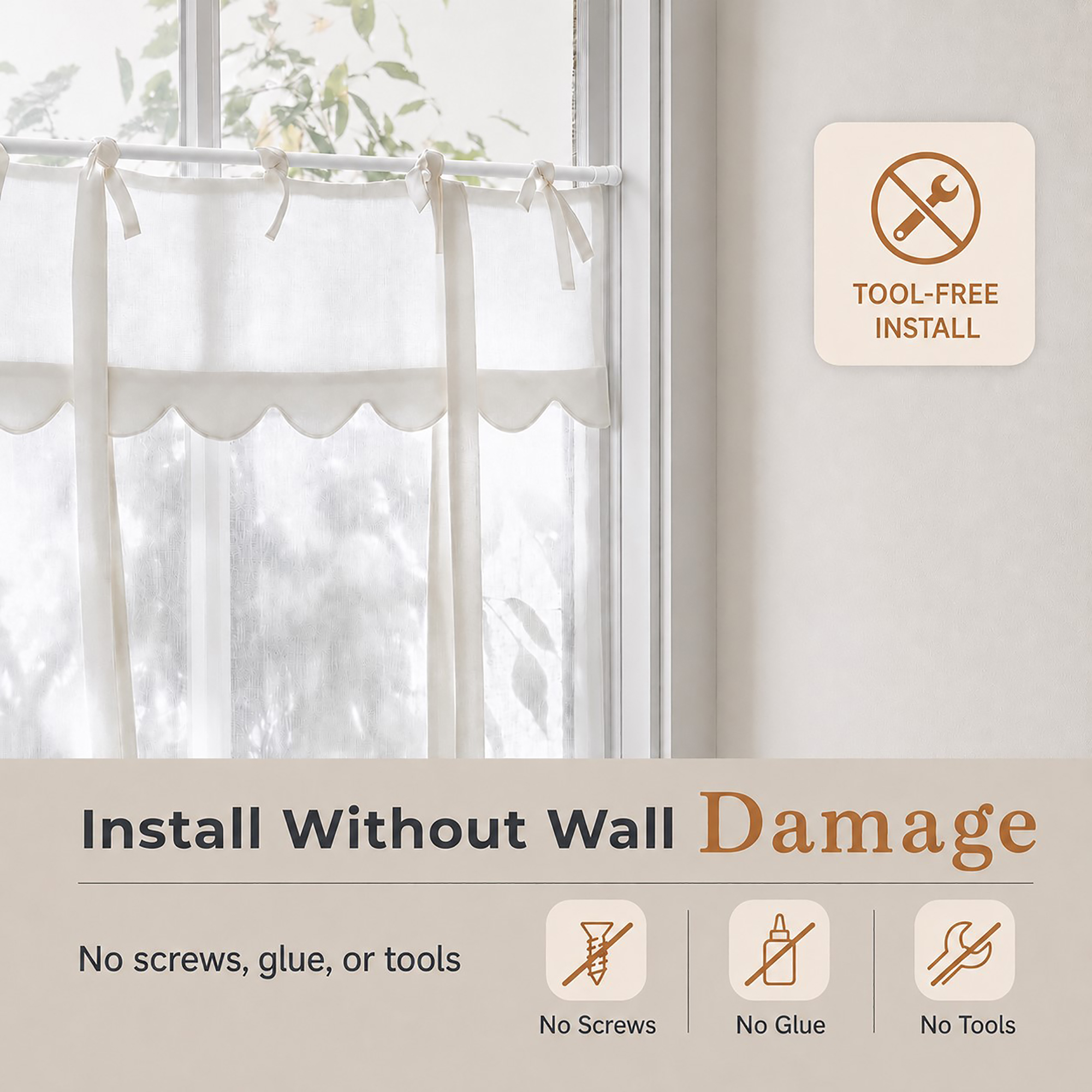 Tension rod installed without wall damage, no screws, glue, or tools, under a tie-top sheer curtain