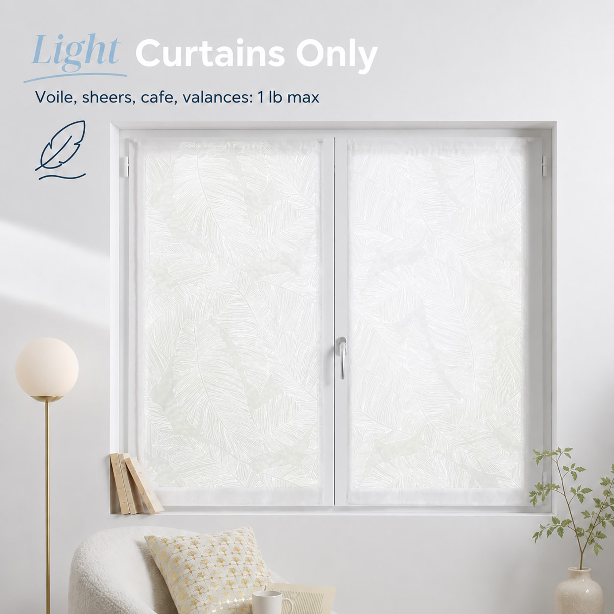 Lightweight sheer voile curtain hung on a small rod for light panels up to 1 lb