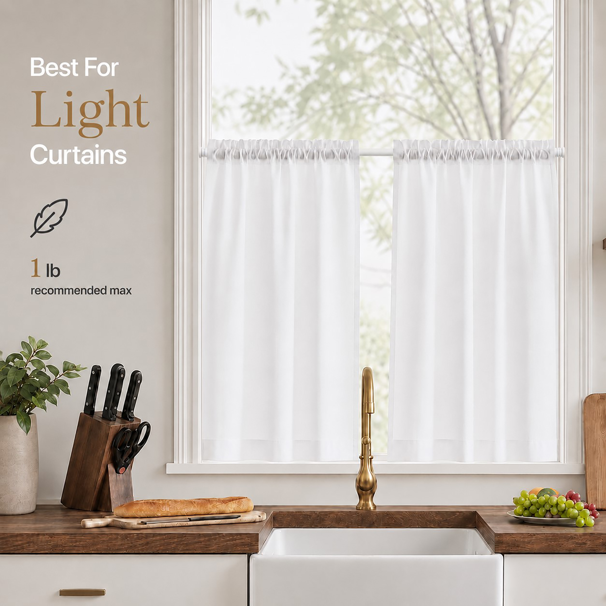 Two lightweight white cafe curtains hanging on the rod at a kitchen window, one pound recommended maximum load