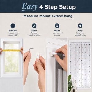 Four-step setup showing measure, select, mount and hang a curtain rod