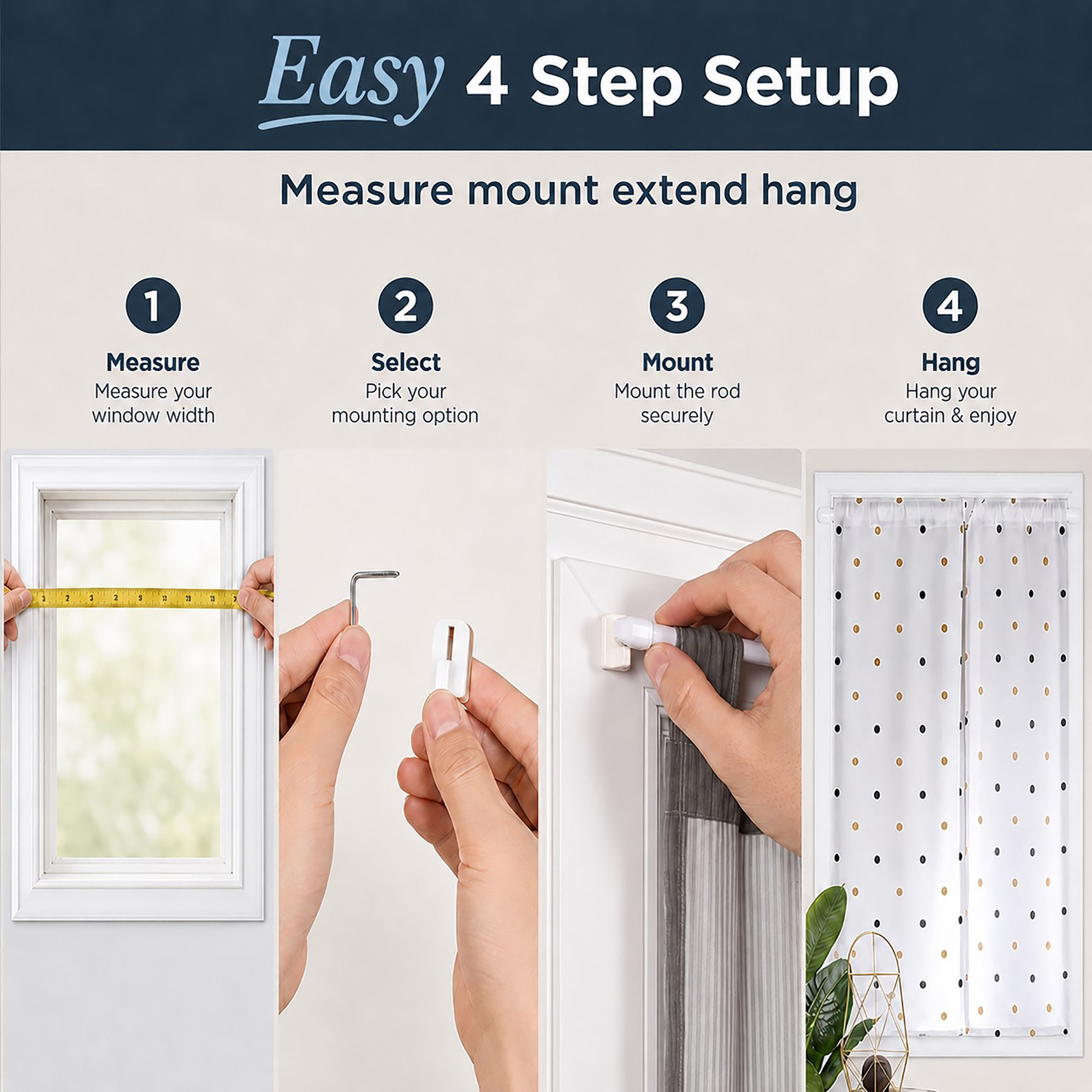 Four-step setup showing measure, select, mount and hang a curtain rod