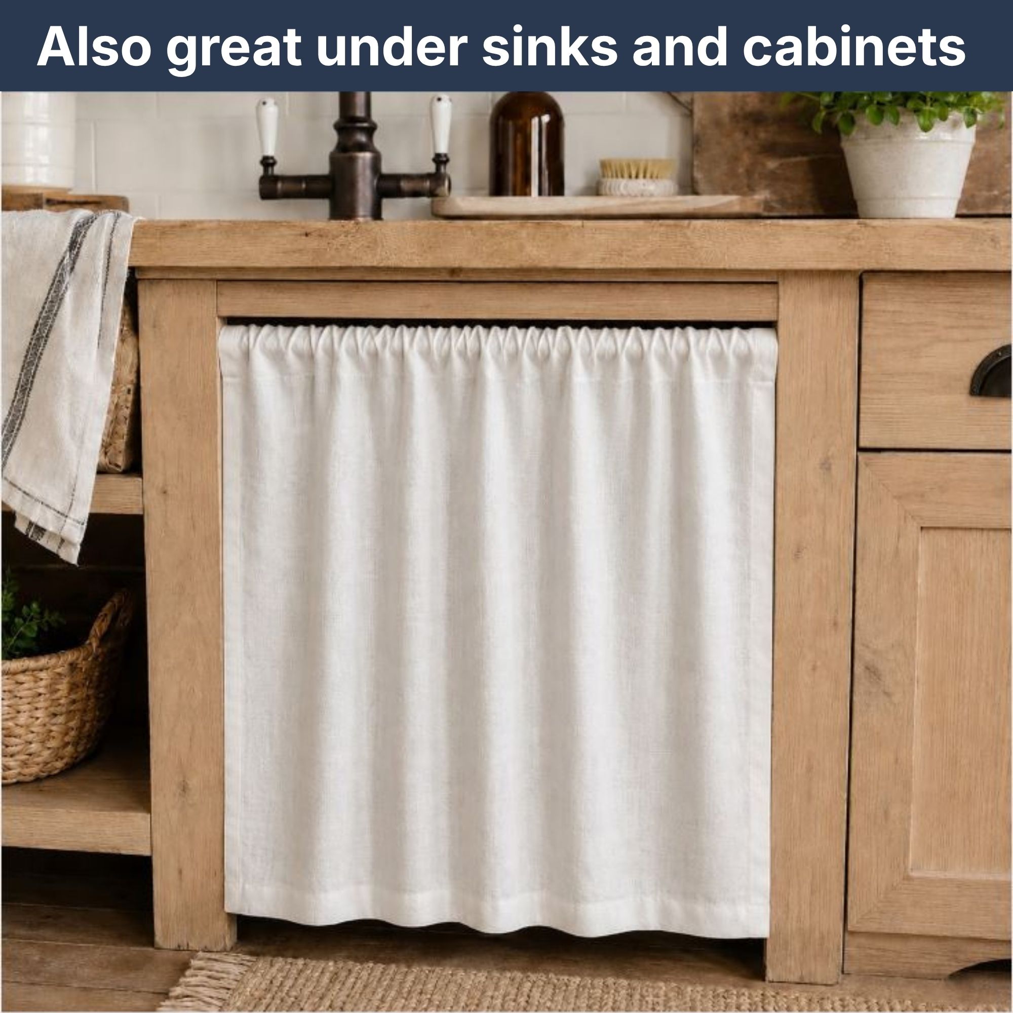 White rod holding a short curtain under a wooden kitchen sink cabinet