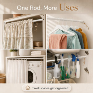 Four uses for the rod: closet, hanging wardrobe, laundry room, and under-sink storage