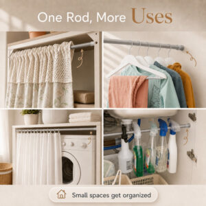 Four uses for the rod: closet, hanging wardrobe, laundry room, and under-sink storage