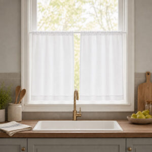 White cafe curtains on the rod above a kitchen sink with gold faucet and bowl of pears