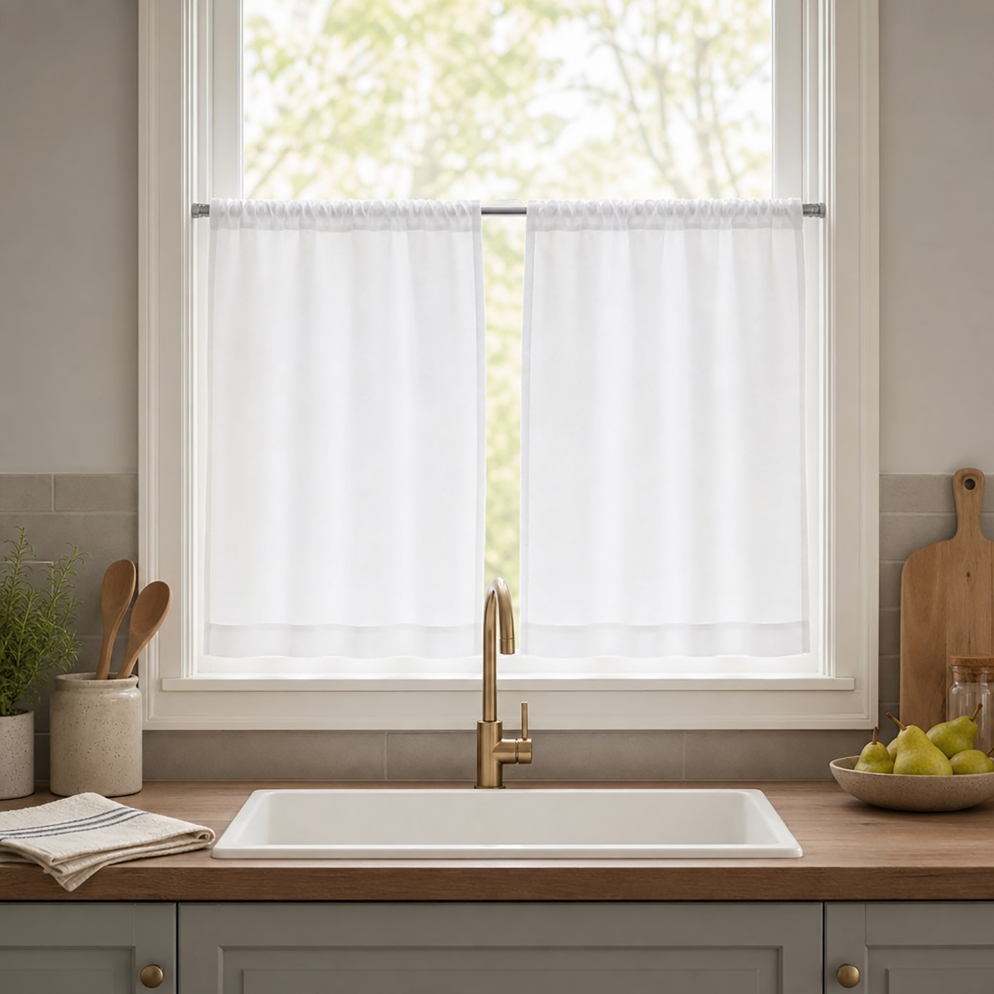 White cafe curtains on the rod above a kitchen sink with gold faucet and bowl of pears