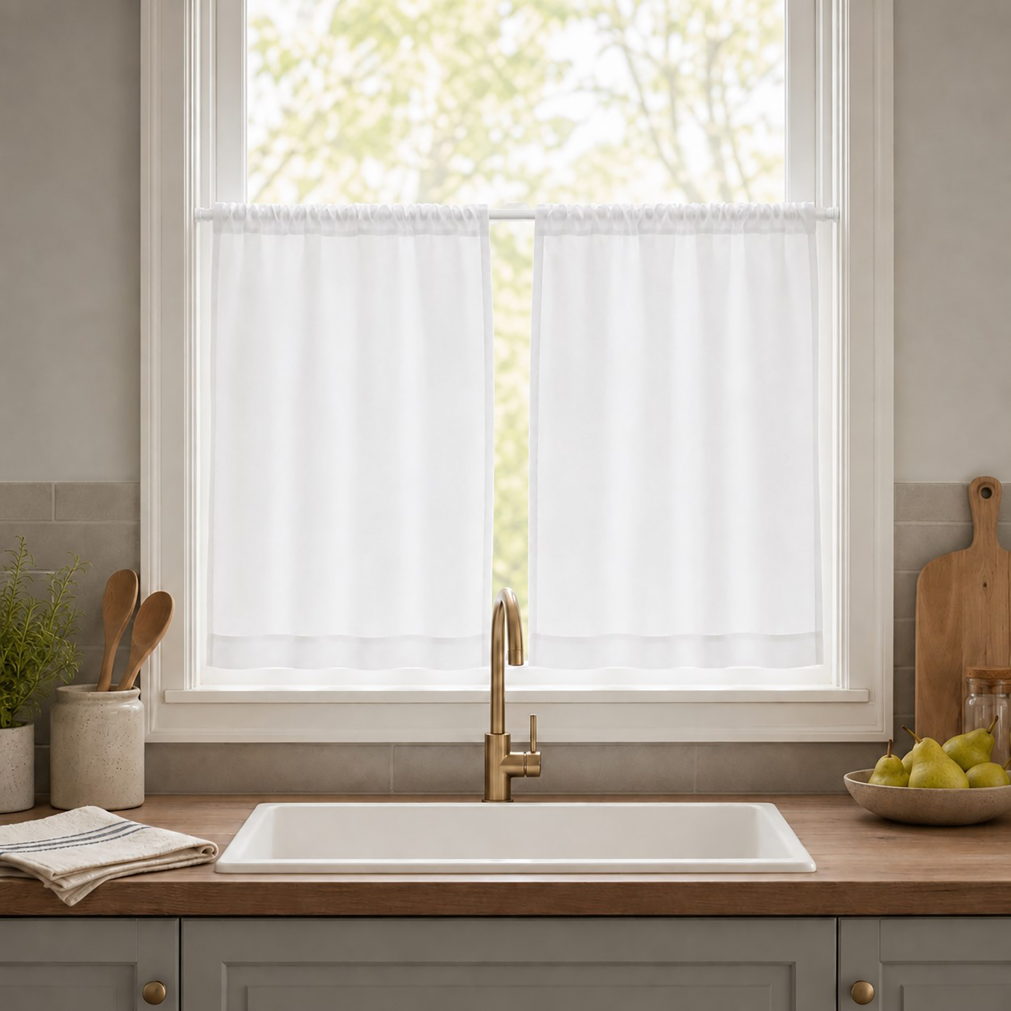 White cafe curtains on the rod above a kitchen sink with gold faucet and bowl of pears