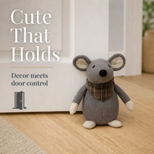 Grey mouse door stopper propping open a white door on hardwood floor. On-image text: "Cute That Holds," "Decor meets door control."