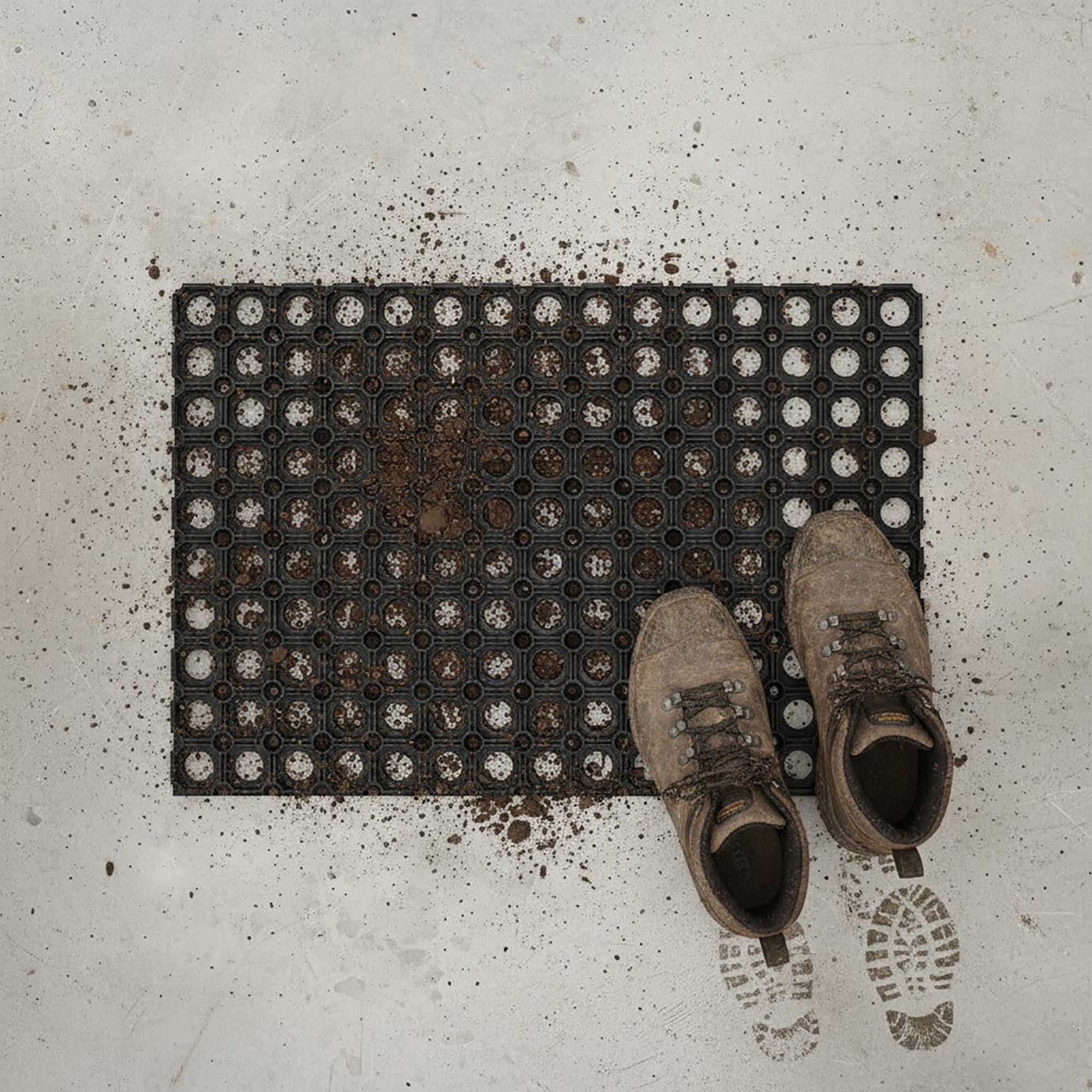 "Black rubber open-grid doormat covered in mud beside a pair of muddy work boots on concrete"