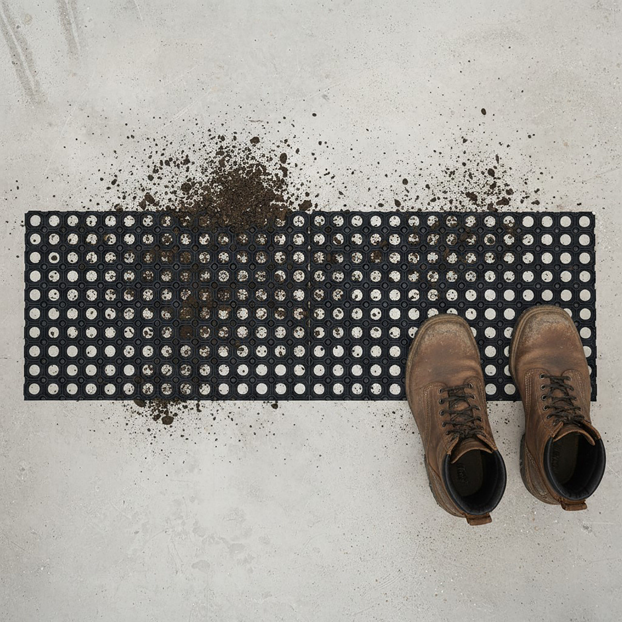 "Two interlocked black rubber open-grid mats forming a wide runner, covered in mud beside a pair of muddy work boots on concrete"