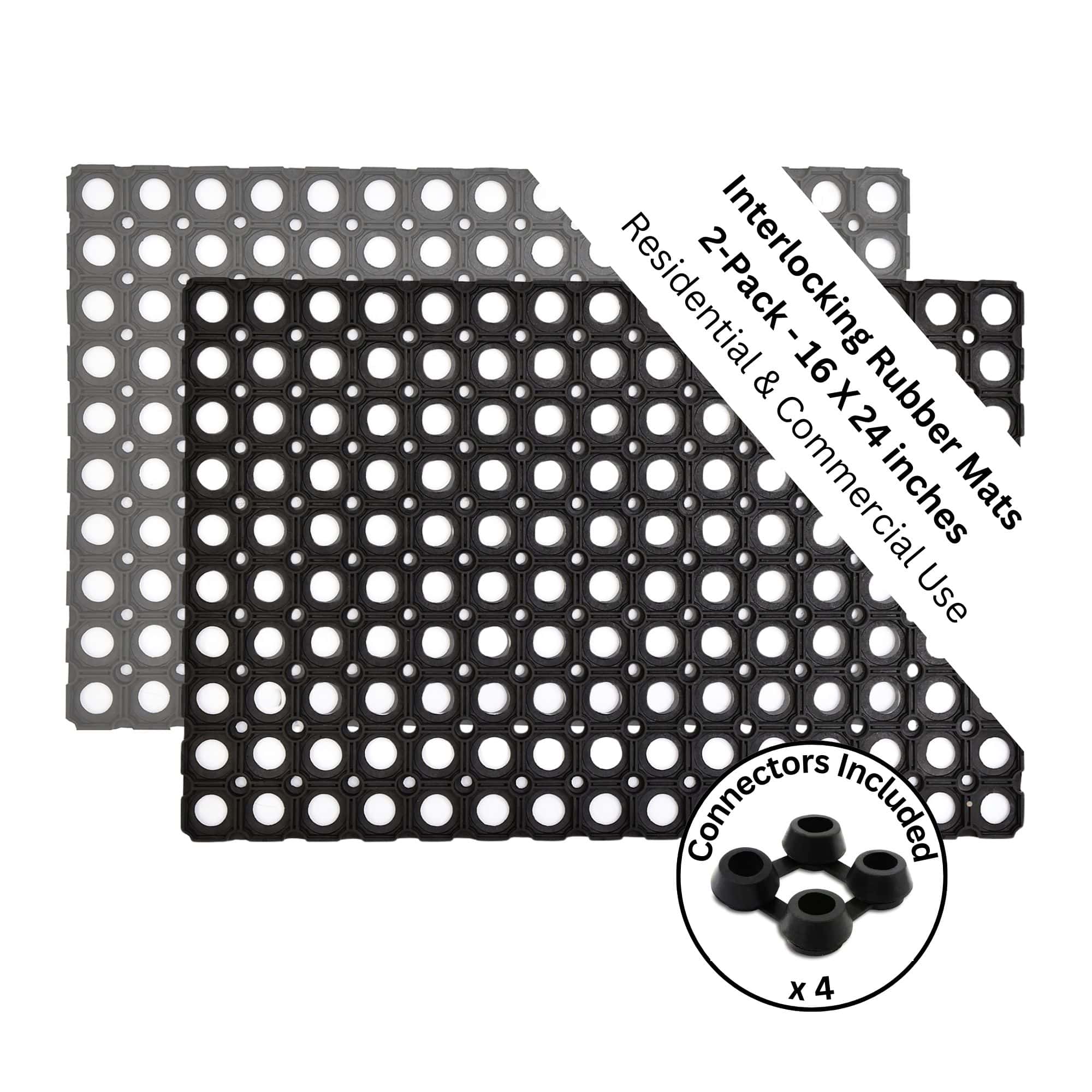 set of 2 black rubber mats with connectors x 4 included on white background