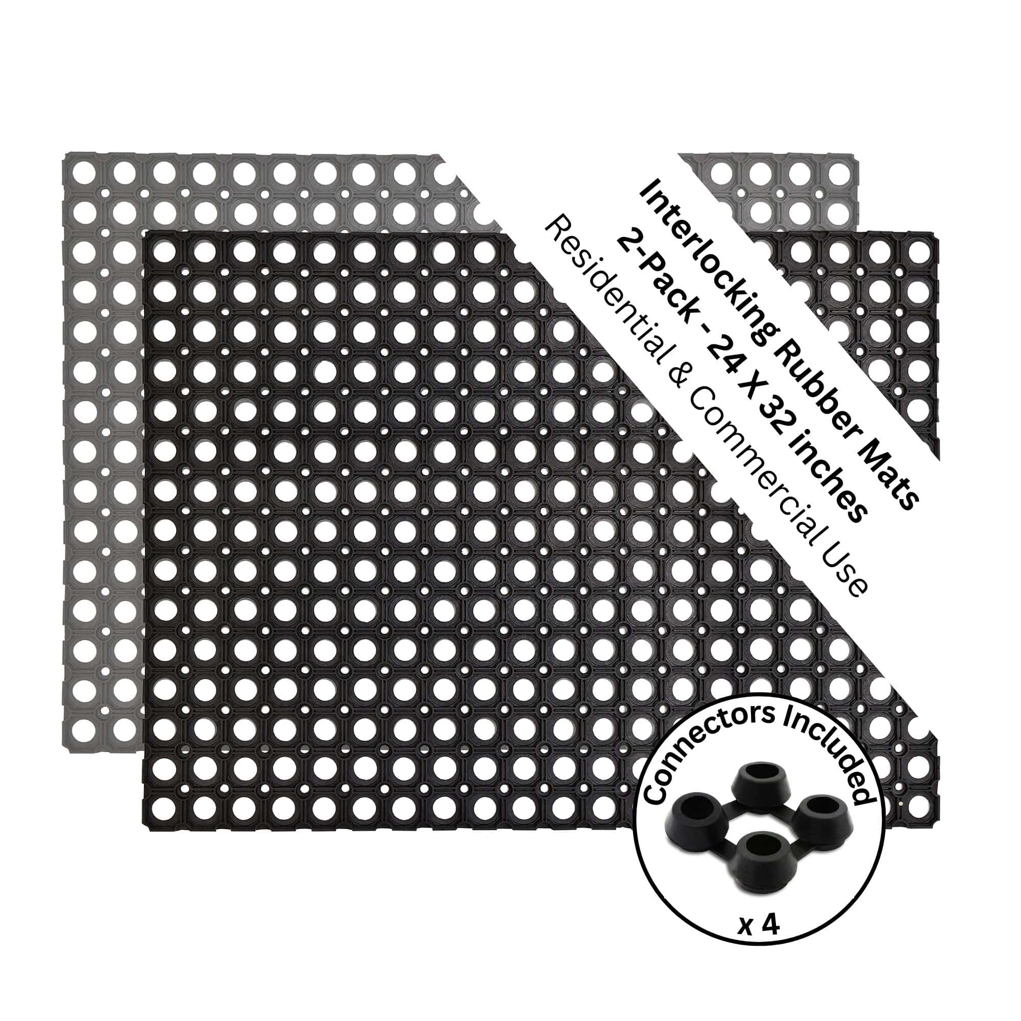 set of 2 black rubber mats with connectors x 4 included on white background