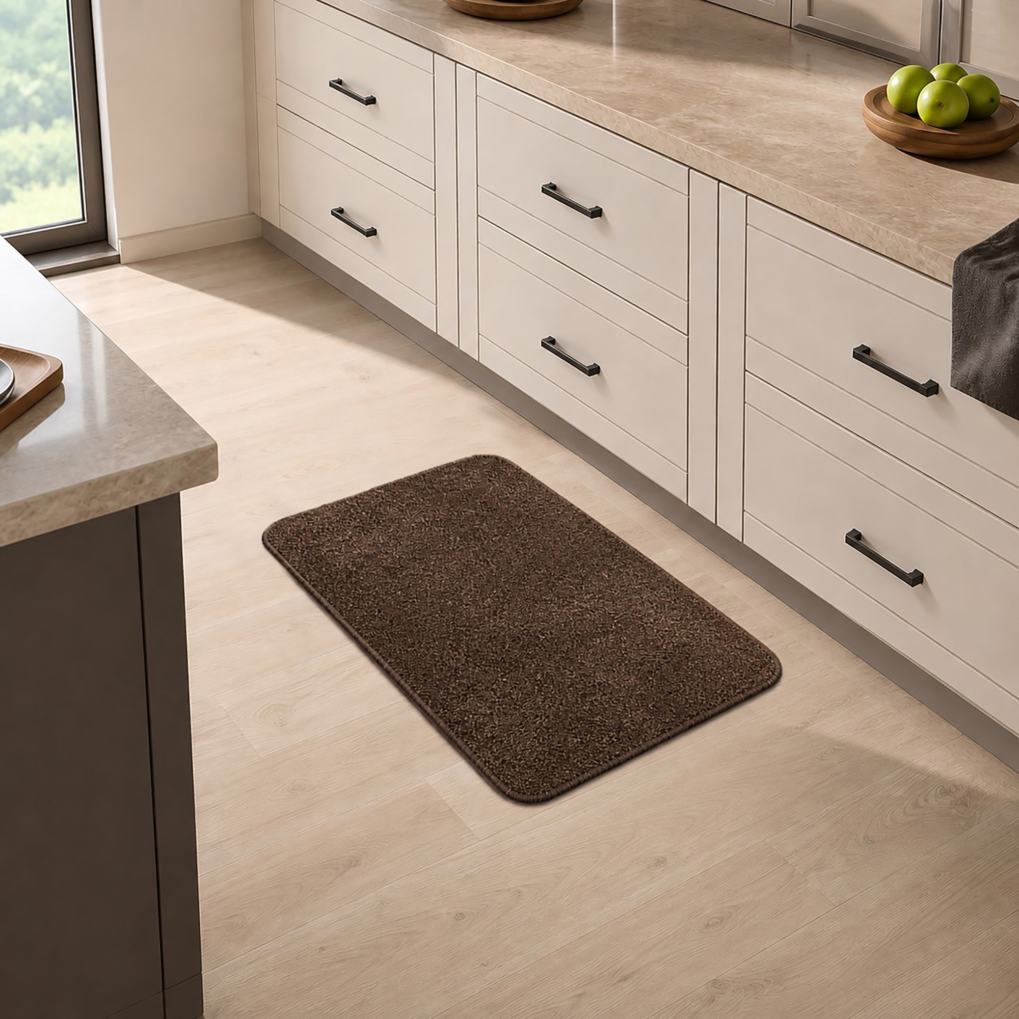 Chocolate brown kitchen mat placed in front of a sink in a bright modern kitchen, adding warm decorative contrast to the floor.