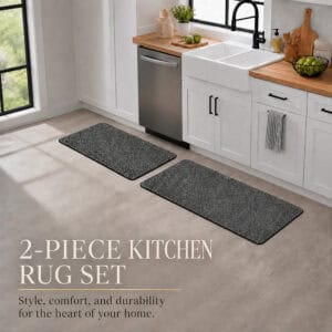 Charcoal grey two-piece kitchen rug set laid in a bright kitchen, pairing a mat and a longer runner for coordinated style.