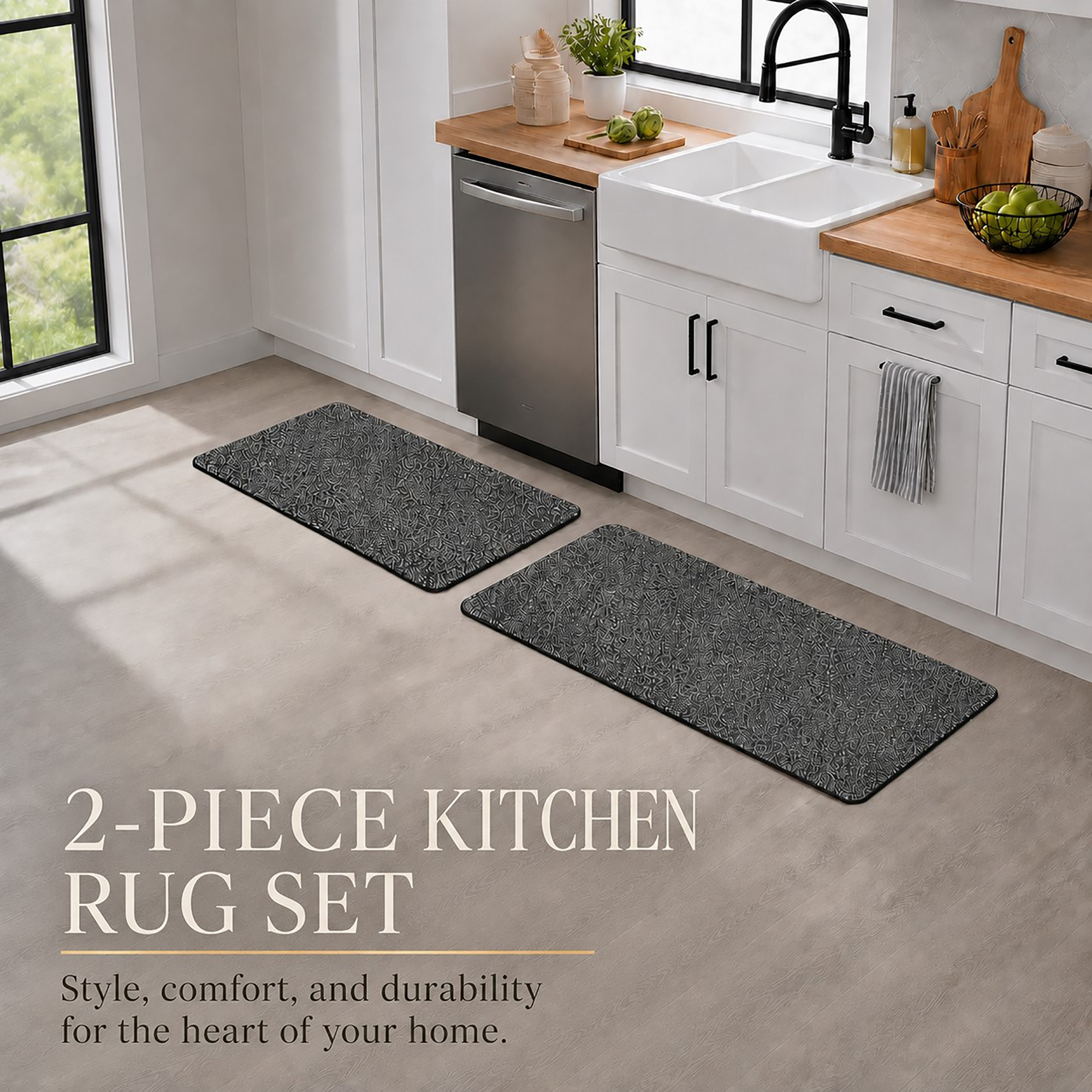 Charcoal grey two-piece kitchen rug set laid in a bright kitchen, pairing a mat and a longer runner for coordinated style.