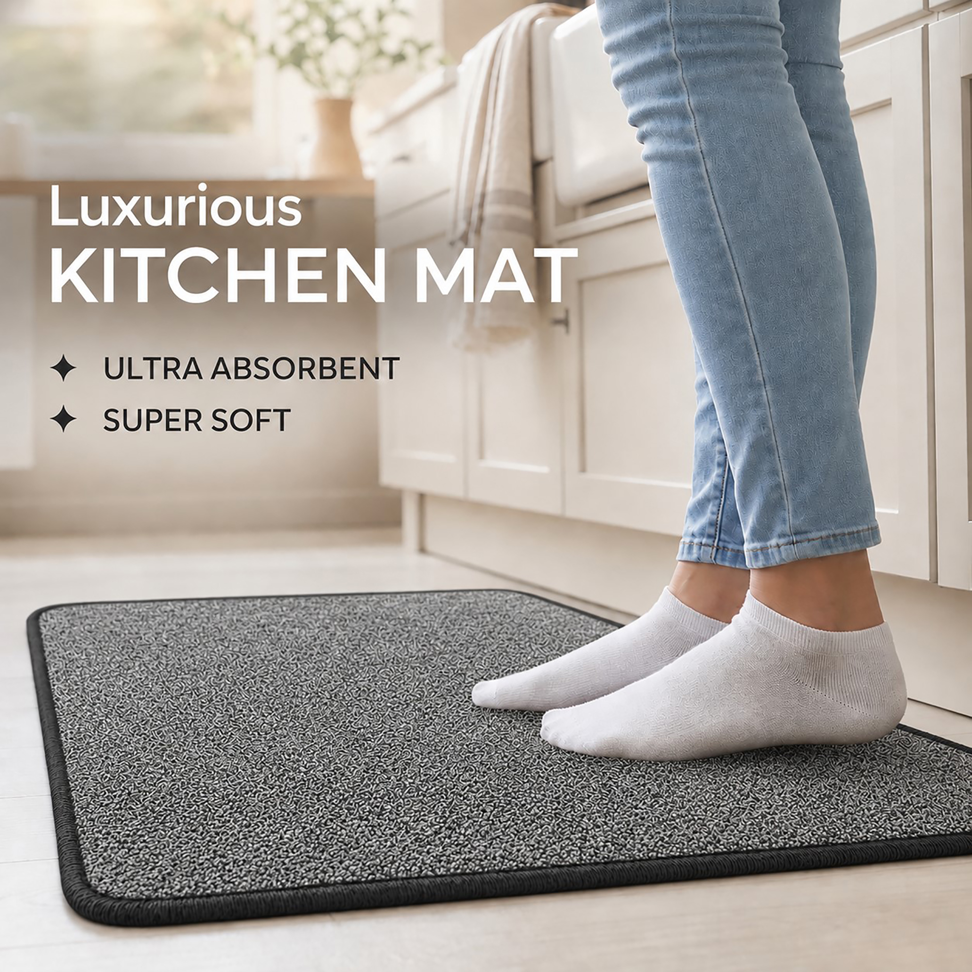 Person in socks standing on a soft charcoal grey kitchen mat by a cabinet, highlighting ultra absorbent and super soft comfort underfoot.