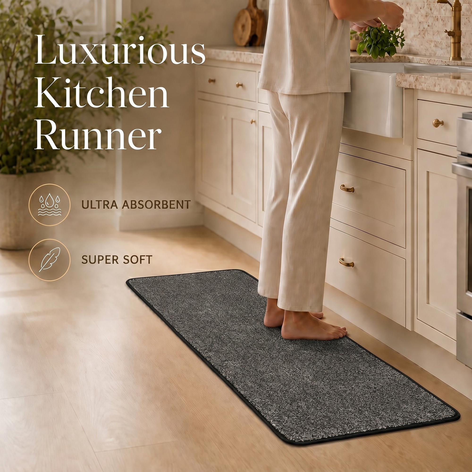 Charcoal grey kitchen runner along a counter with bare feet resting on it, highlighting ultra absorbent and super soft comfort underfoot.