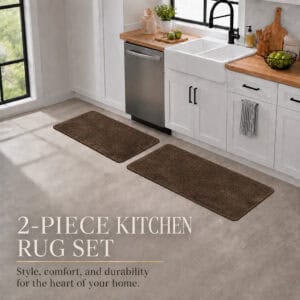 Chocolate brown two-piece kitchen rug set laid in a bright kitchen, pairing a mat and a longer runner for coordinated style.