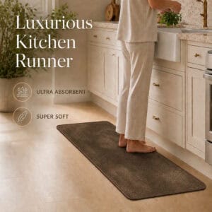 Chocolate brown kitchen runner along a counter with bare feet resting on it, highlighting ultra absorbent and super soft comfort underfoot.
