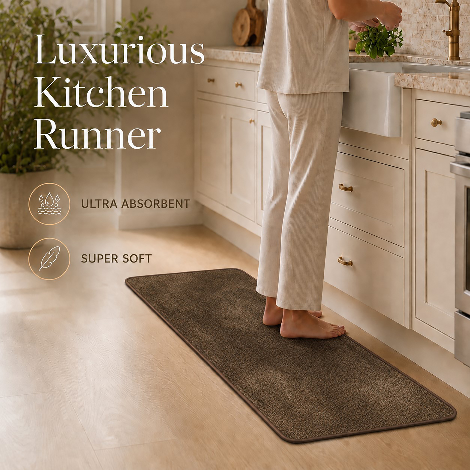 Chocolate brown kitchen runner along a counter with bare feet resting on it, highlighting ultra absorbent and super soft comfort underfoot.