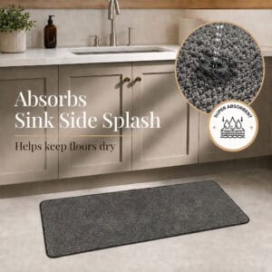 Charcoal grey kitchen runner by a sink catching water splashes, showing how it absorbs sink side splash and helps keep floors dry.