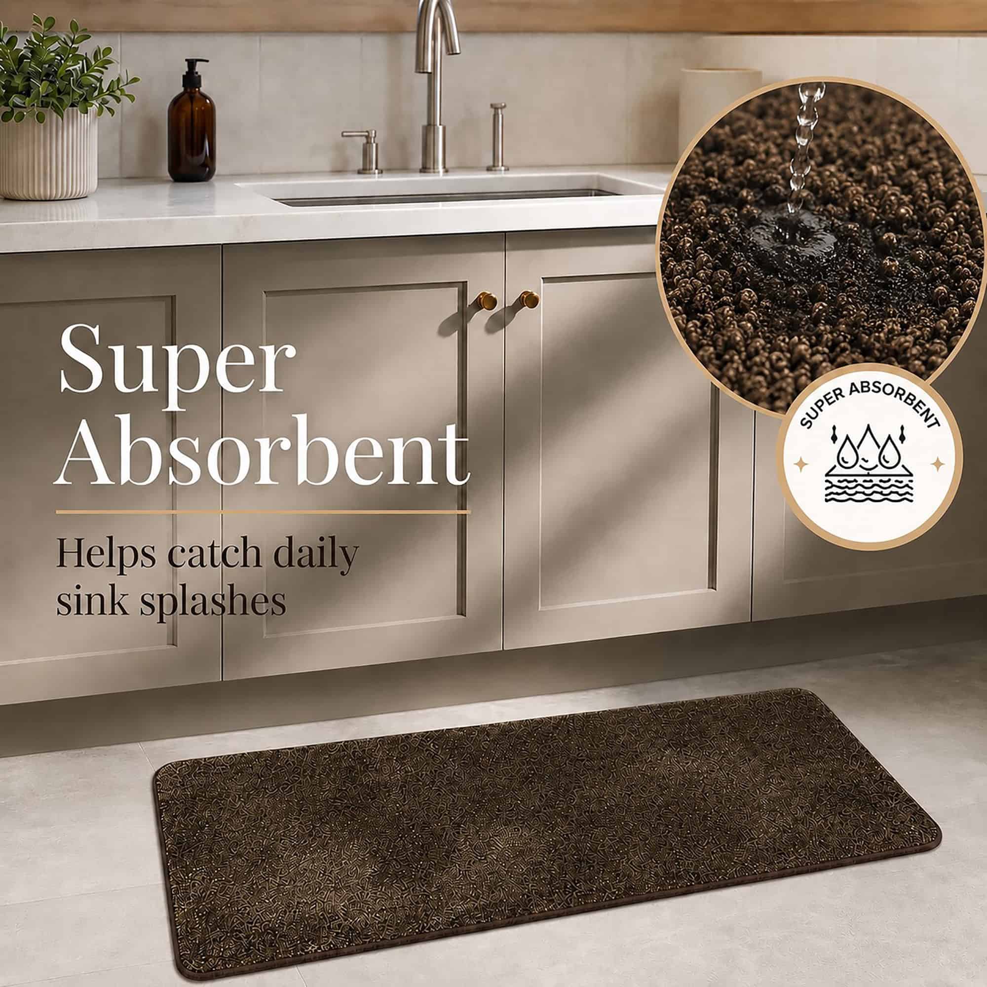 Chocolate brown kitchen rug set with water absorbing into the looped pile, showing how the set soaks up everyday sink splashes.