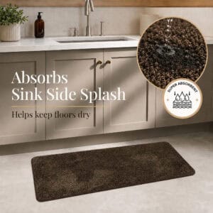 Chocolate brown kitchen runner by a sink catching water splashes, showing how it absorbs sink side splash and helps keep floors dry.