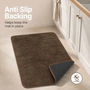 Chocolate brown kitchen mat with a corner flipped up to reveal the textured rubber non-slip backing that grips hard floors and stays in place.