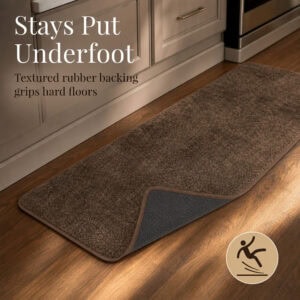 Chocolate brown kitchen runner with a corner flipped up to reveal the textured rubber backing that grips hard floors and stays put.