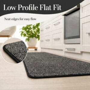 Charcoal grey kitchen runner with a close-up of its neat low profile edge, lying flat for easy flow through the kitchen.