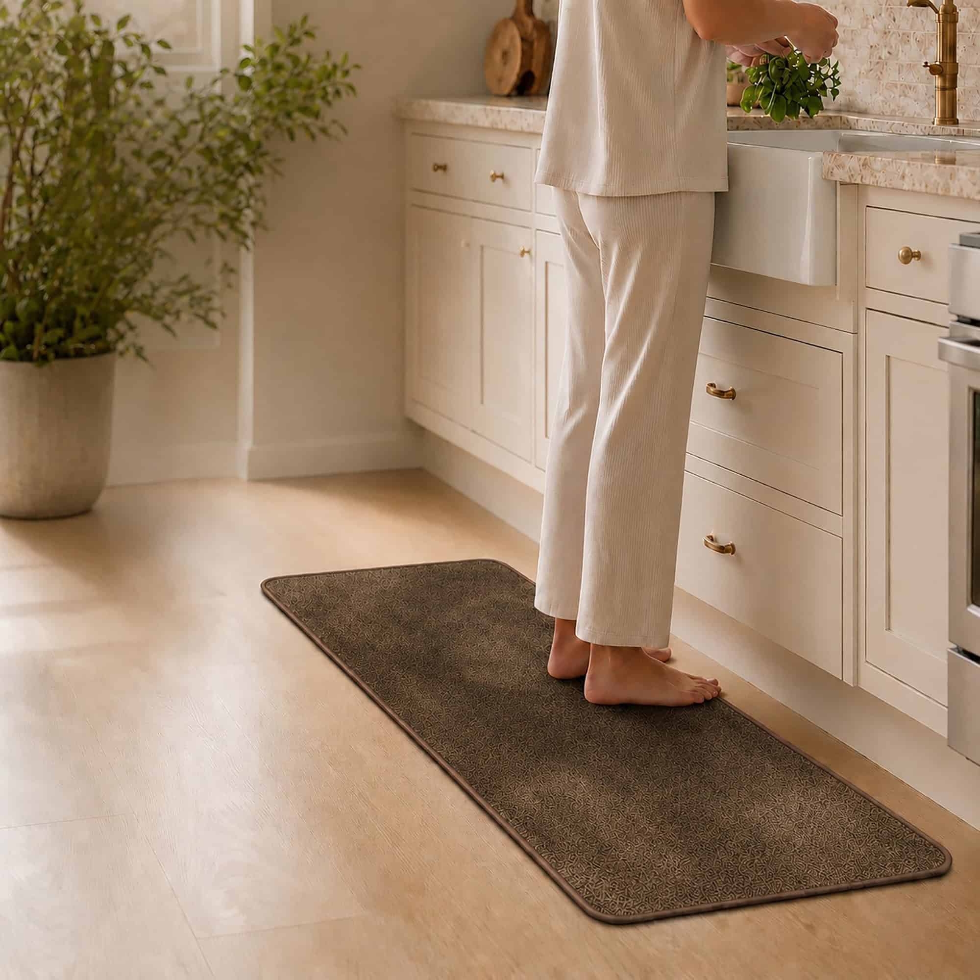 Bare feet resting on a cushioned chocolate brown kitchen runner, highlighting the soft comfort of the two-piece set underfoot.