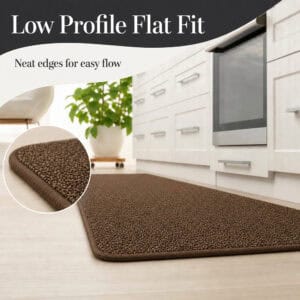 Chocolate brown kitchen runner with a close-up of its neat low profile edge, lying flat for easy flow through the kitchen.
