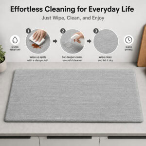 6- Anti-fatigue kitchen mat being wiped clean, water-resistant surface for quick everyday cleaning and drying.
