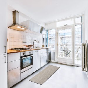 modern kitchen with the runner mat on the floor