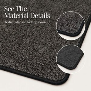 Detail of a charcoal grey kitchen runner showing the looped surface texture, bound edge and rubber backing materials.