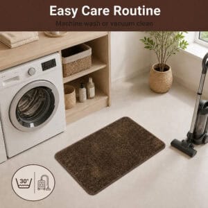 Chocolate brown kitchen mat in a laundry room beside a vacuum, illustrating easy care with machine wash or vacuum cleaning.