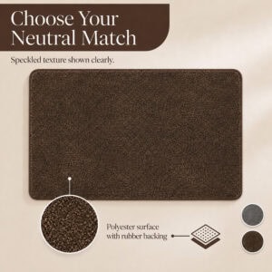 Close-up of the chocolate brown kitchen set texture with swatches showing the speckled surface is available in two neutral colors.