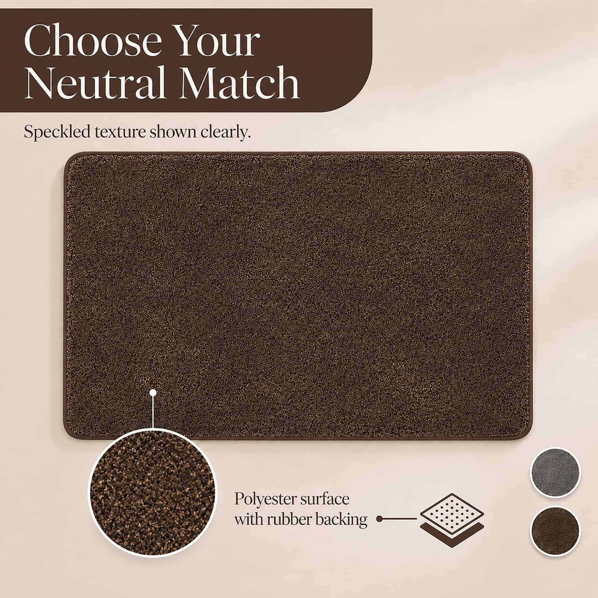 Close-up of the chocolate brown kitchen set texture with swatches showing the speckled surface is available in two neutral colors.