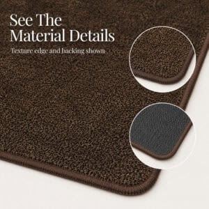 Detail of a chocolate brown kitchen runner showing the looped surface texture, bound edge and rubber backing materials.