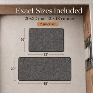 Top-down view of the charcoal grey mat and runner set with dimension arrows confirming the 20 by 32 and 20 by 48 inch sizes.