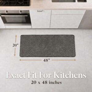 Top-down view of a long charcoal grey kitchen runner with dimension arrows confirming the true 20 by 48 inch size.