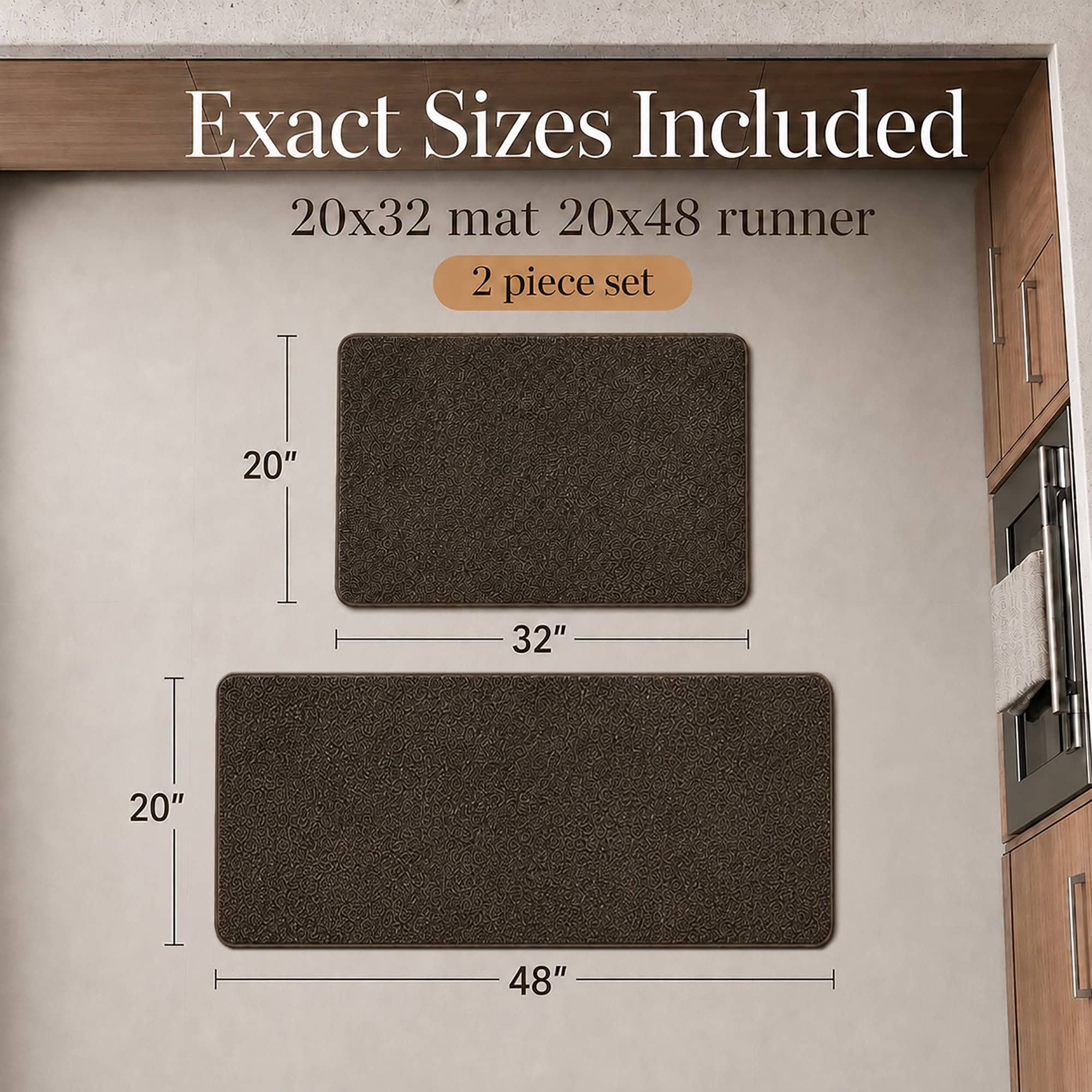 Top-down view of the chocolate brown mat and runner set with dimension arrows confirming the 20 by 32 and 20 by 48 inch sizes.