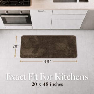 Top-down view of a long chocolate brown kitchen runner with dimension arrows confirming the true 20 by 48 inch size.