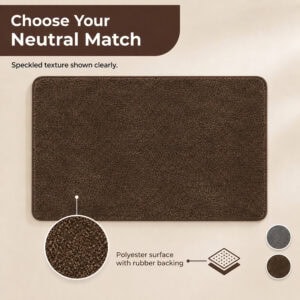 Close-up of a chocolate brown kitchen mat showing the speckled looped texture, with color swatches indicating two available neutral shades.