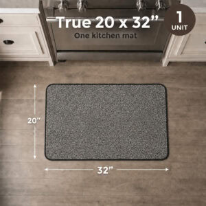Top-down view of a charcoal grey kitchen mat by a range, with dimension arrows confirming the true 20 by 32 inch single mat size.